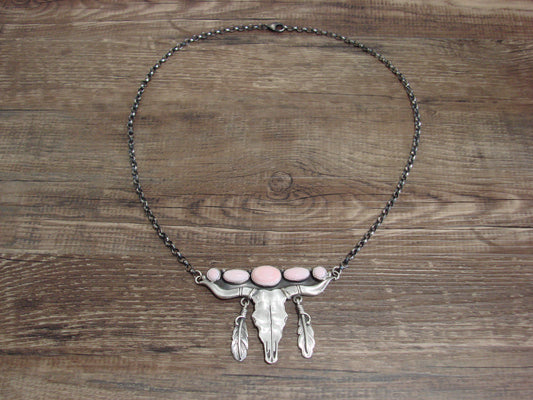 Native American Sterling Silver & Pink Conch Shell Long Horn Necklace Signed Sam