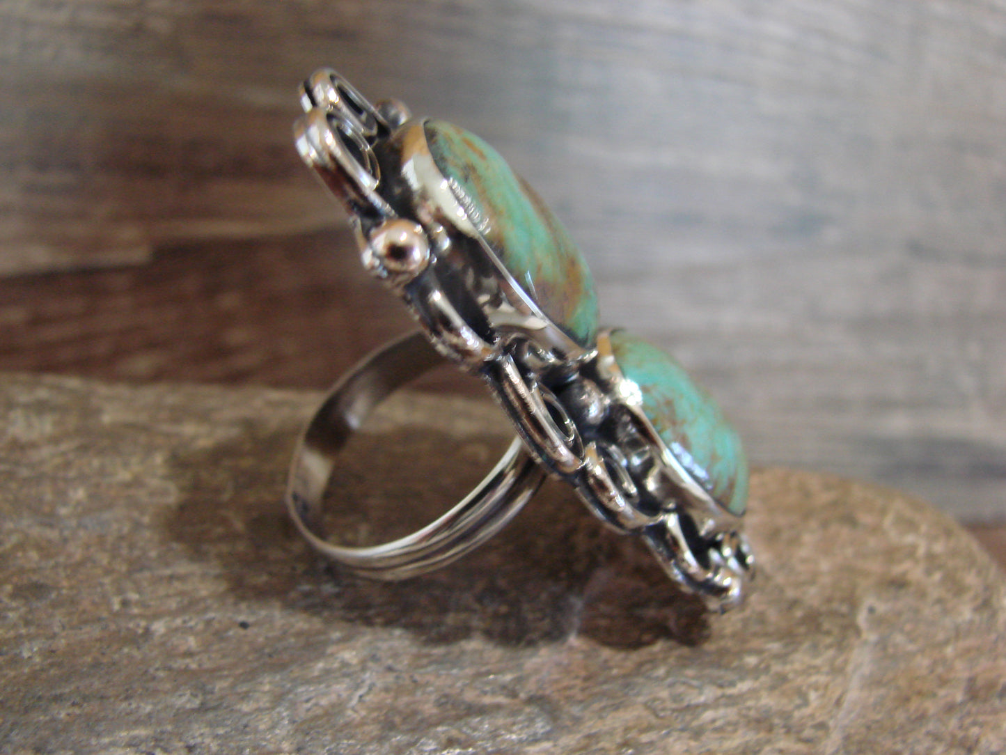 Native American Nickel Silver & Turquoise Adjustable Ring by Cleveland - Size 8 - 10