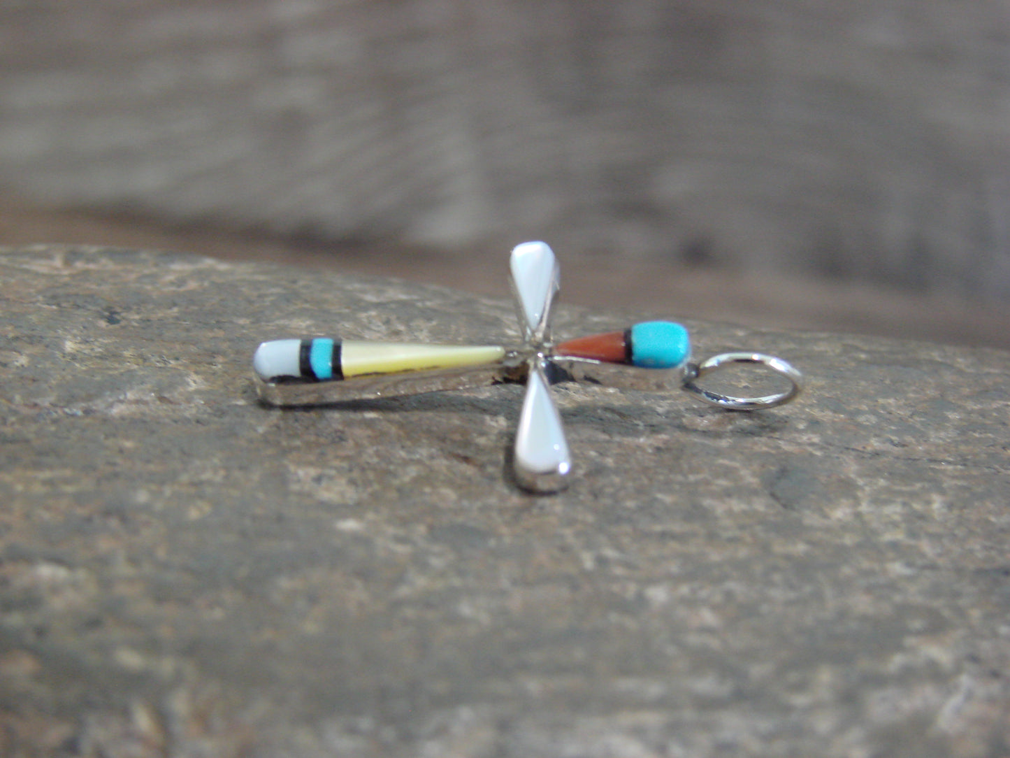 Native American Sterling Silver Multi Stone Inlay Cross Pendant by Noche