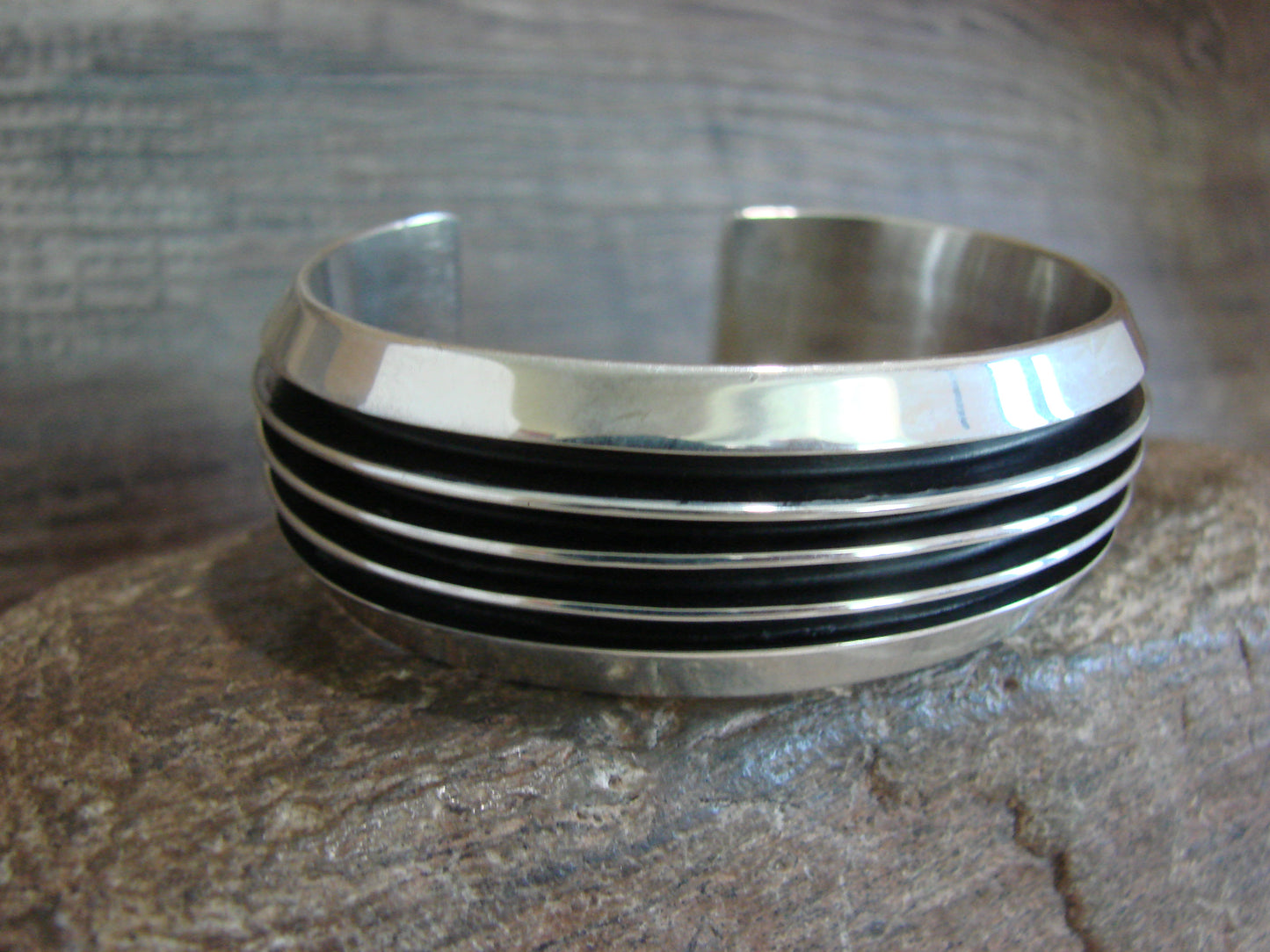 Native American Navajo Indian 3/4" Sterling Silver Ribbed Bracelet by Hawk