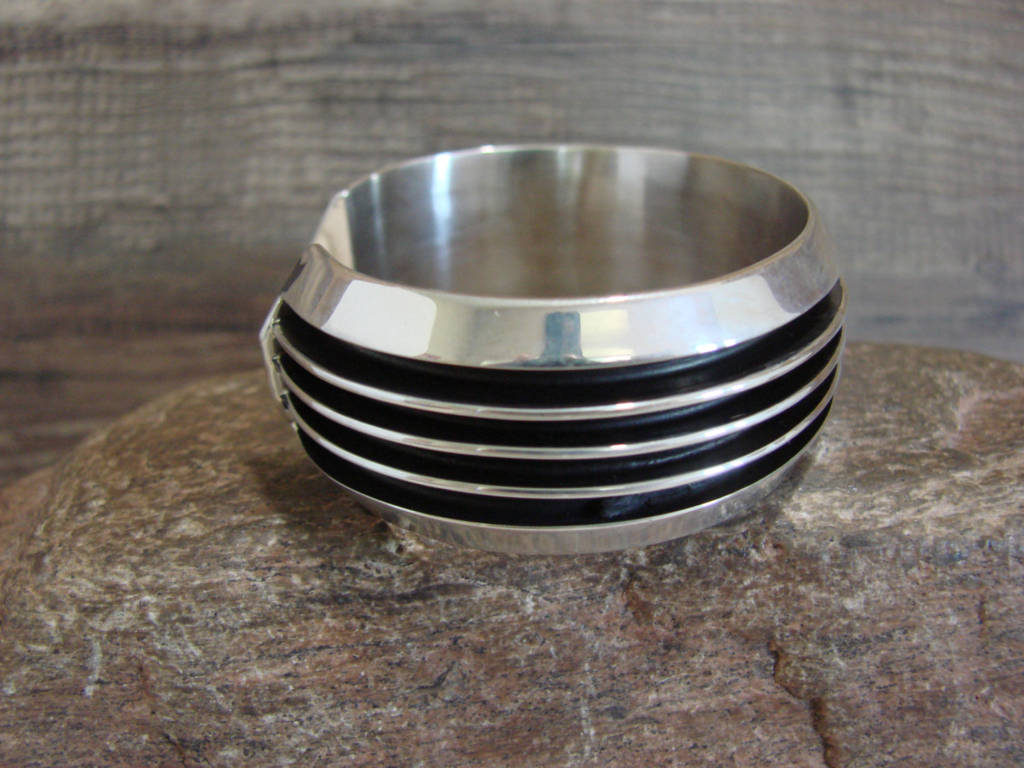 Native American Navajo Indian 3/4" Sterling Silver Ribbed Bracelet by Hawk