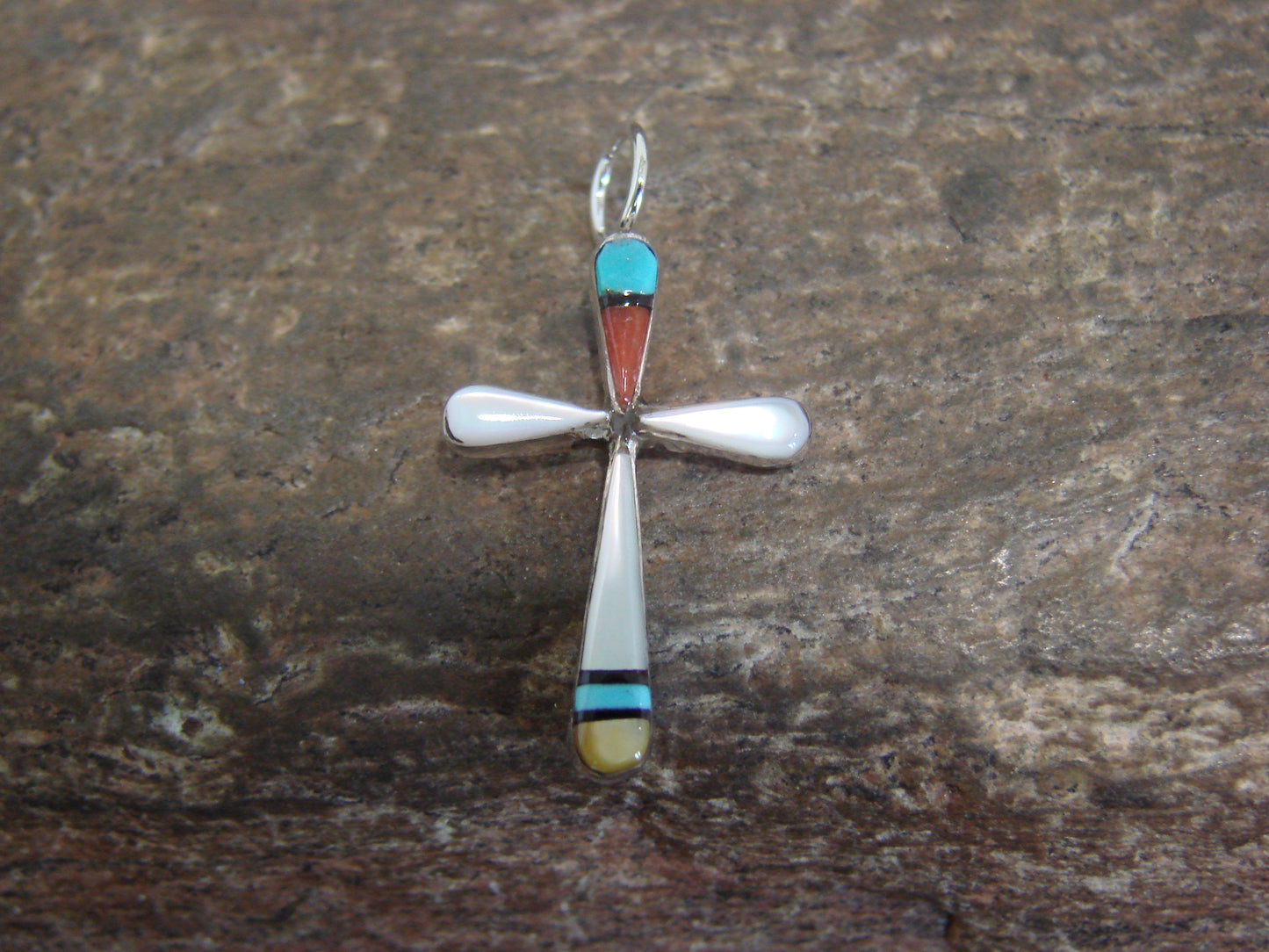 Native American Sterling Silver Multi Stone Inlay Cross Pendant by Noche