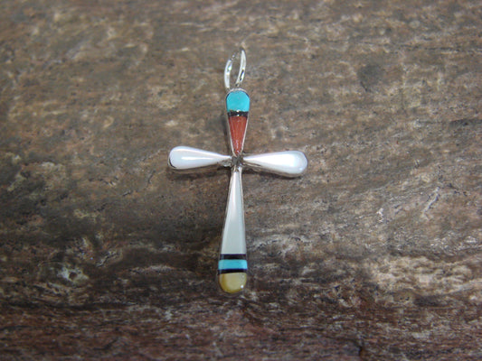 Native American Sterling Silver Multi Stone Inlay Cross Pendant by Noche