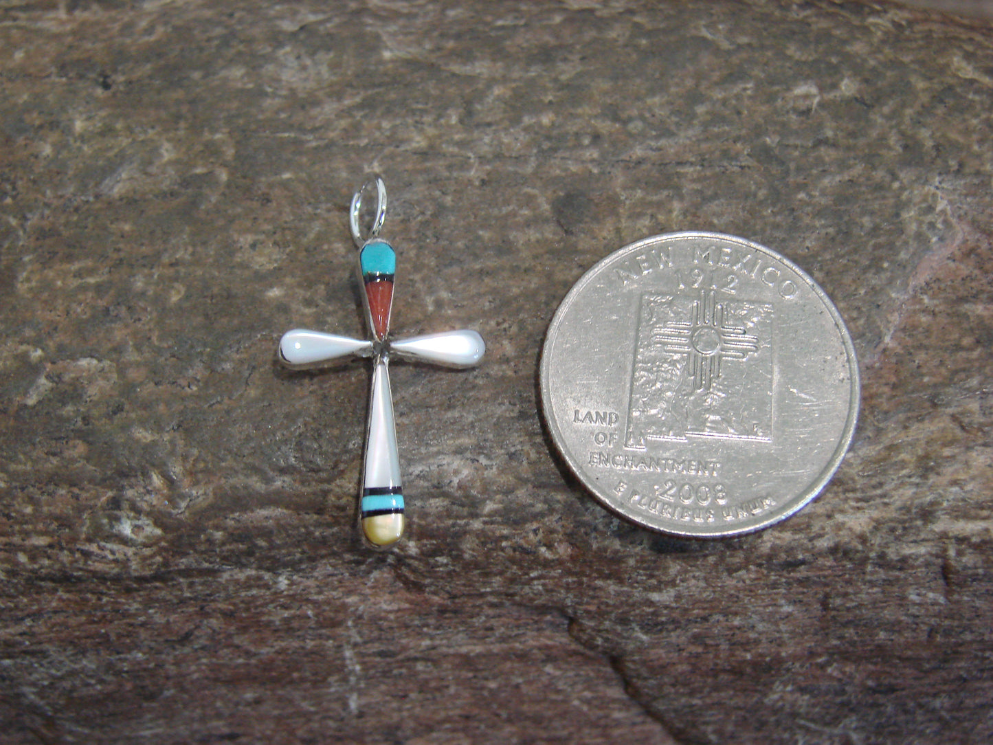 Native American Sterling Silver Multi Stone Inlay Cross Pendant by Noche