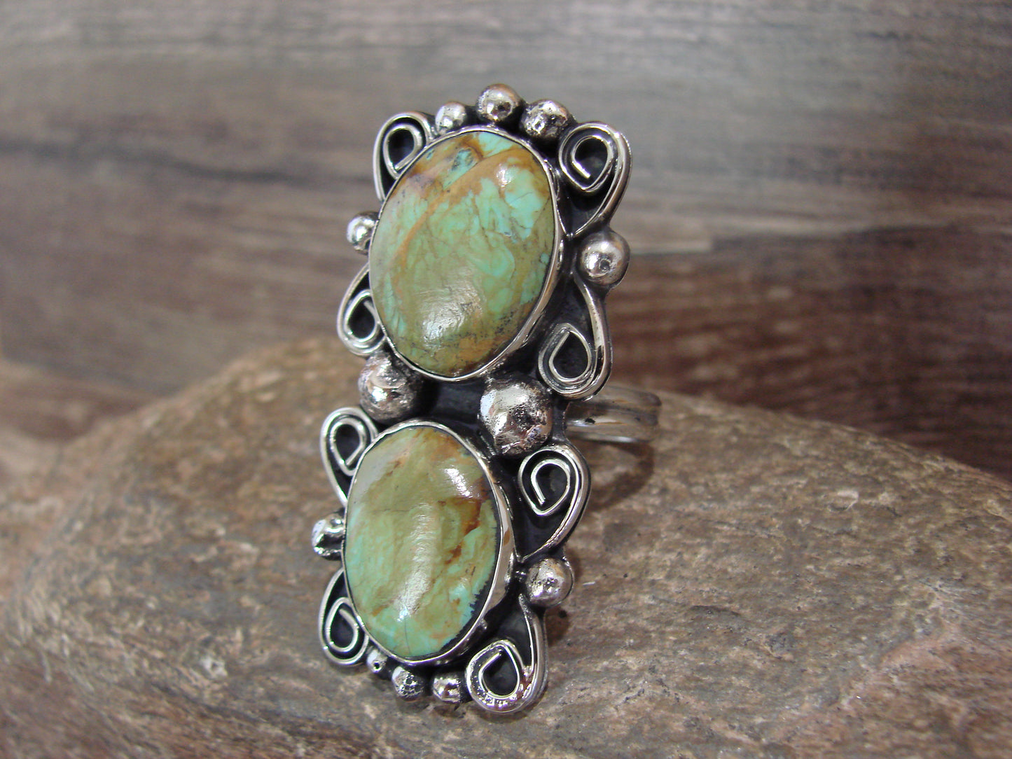 Native American Nickel Silver & Turquoise Adjustable Ring by Cleveland - Size 8 - 10