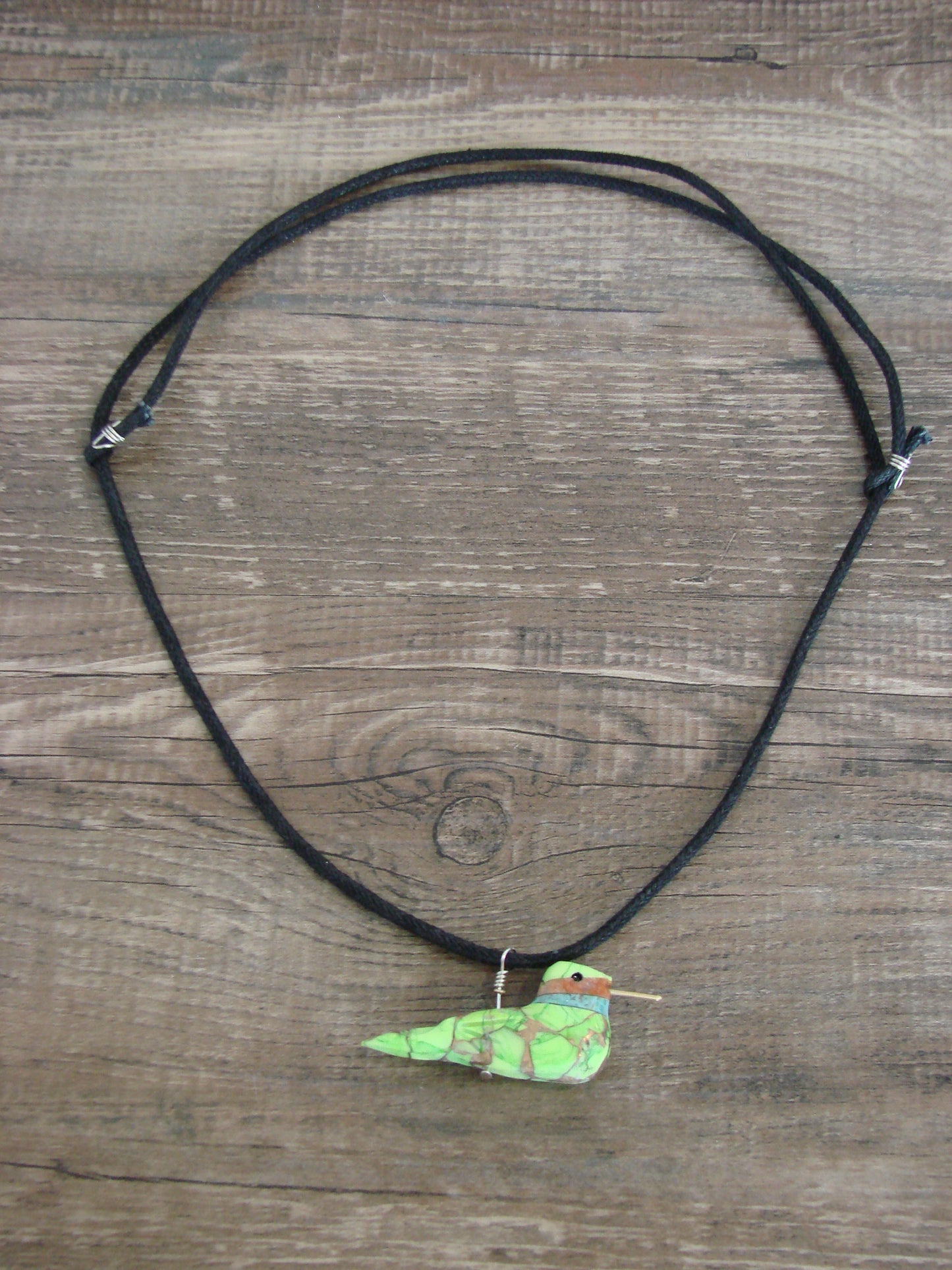 Hand Carved Bronze Gaspeite Aggregate Hummingbird Fetish Necklace - Mitchell