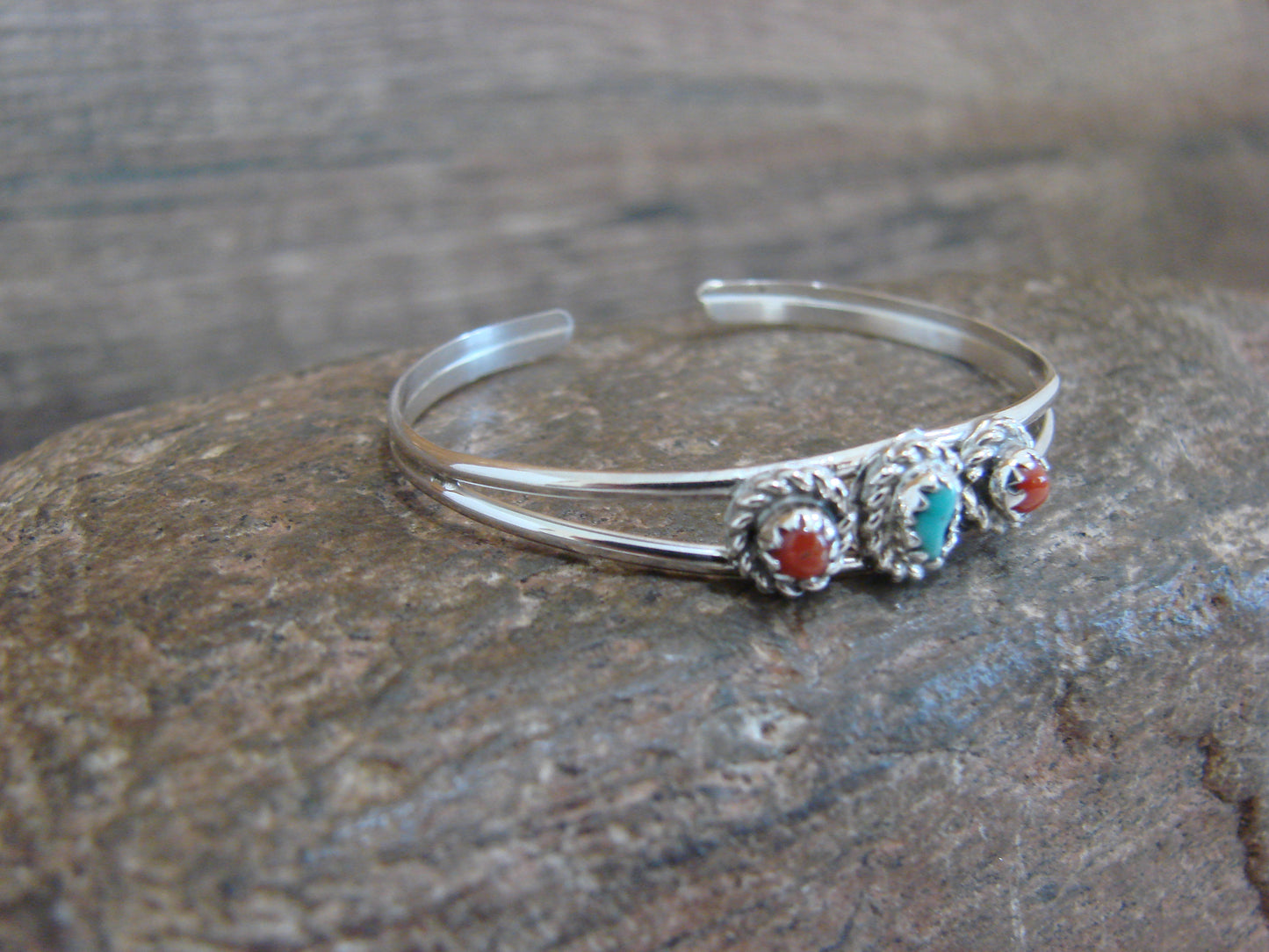Native American Sterling Silver & Turquoise Coral Baby / Child Bracelet - Cadman