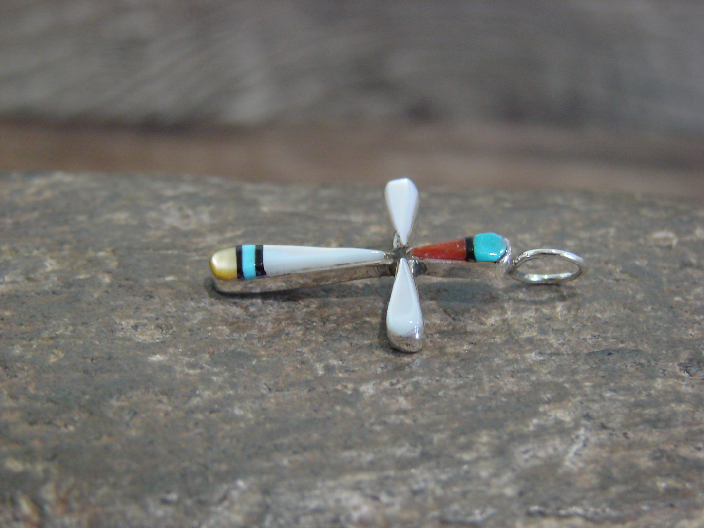 Native American Sterling Silver Multi Stone Inlay Cross Pendant by Noche