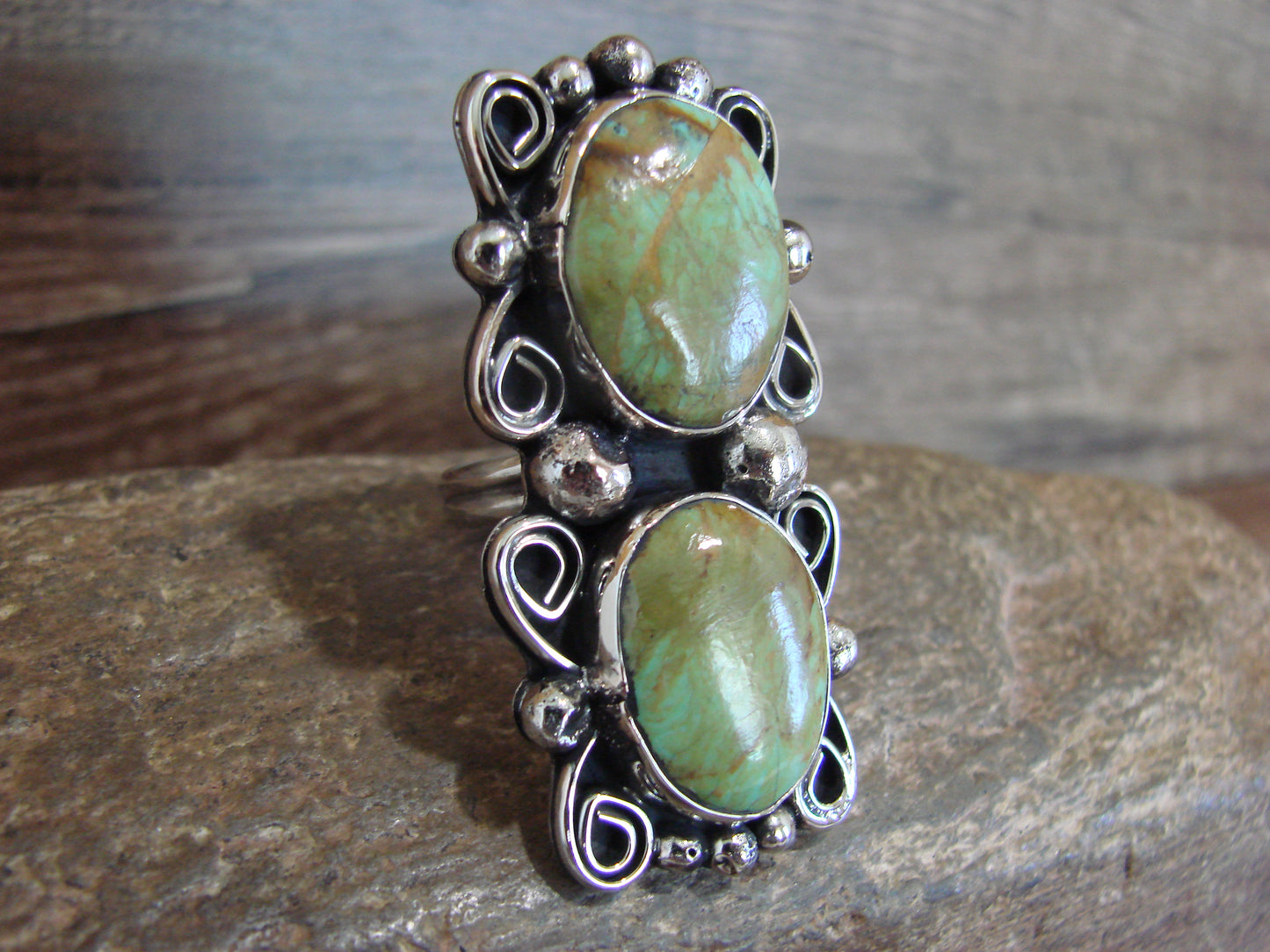 Native American Nickel Silver & Turquoise Adjustable Ring by Cleveland - Size 8 - 10