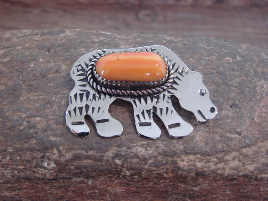 Native American Nickel Silver & Spiny Oyster Bear Pendant - Cleveland