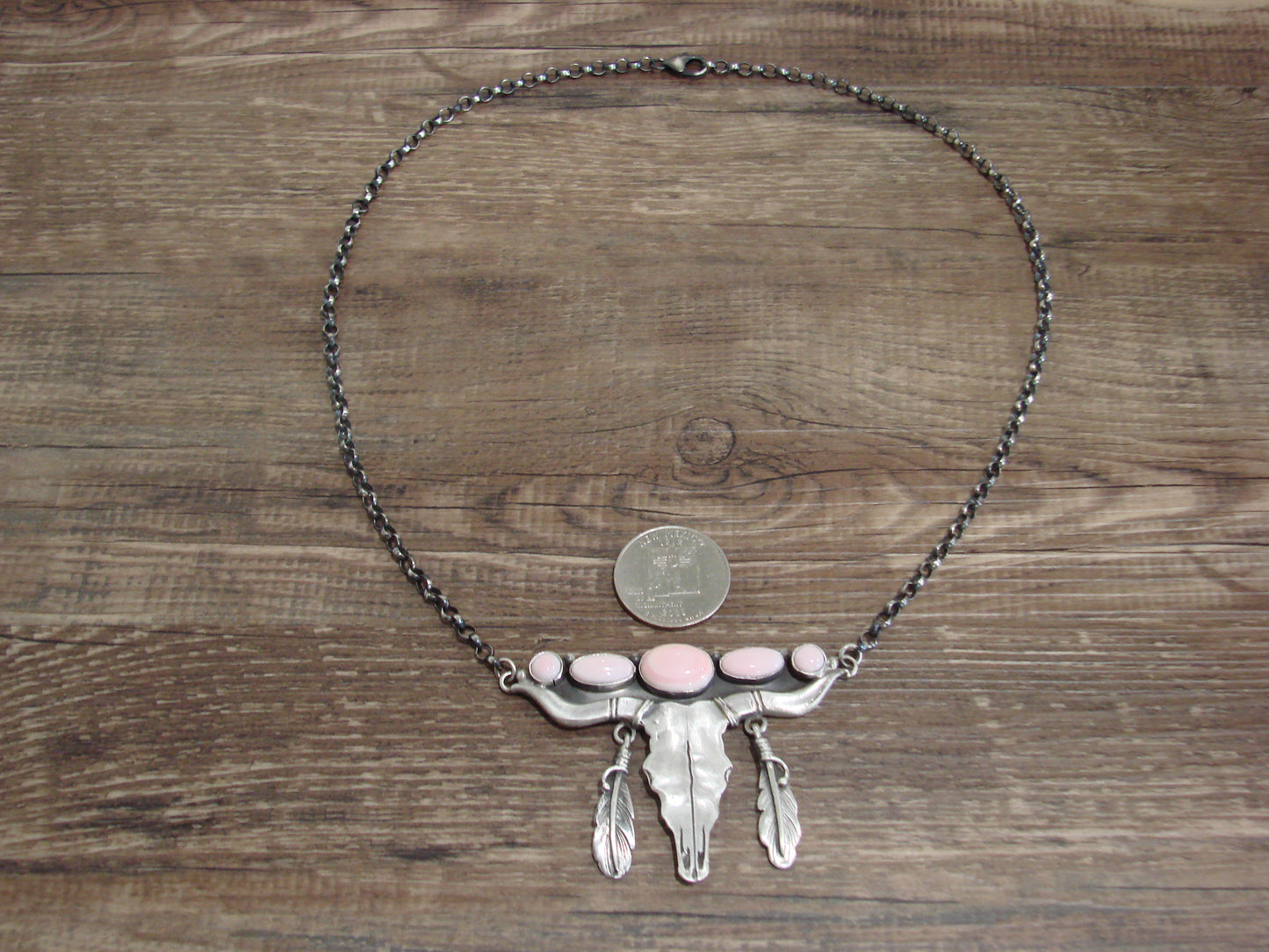 Native American Sterling Silver & Pink Conch Shell Long Horn Necklace Signed Sam
