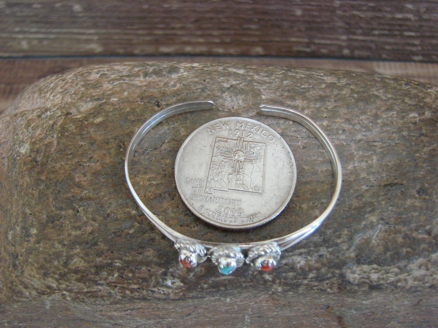 Native American Sterling Silver & Turquoise Coral Baby / Child Bracelet - Cadman