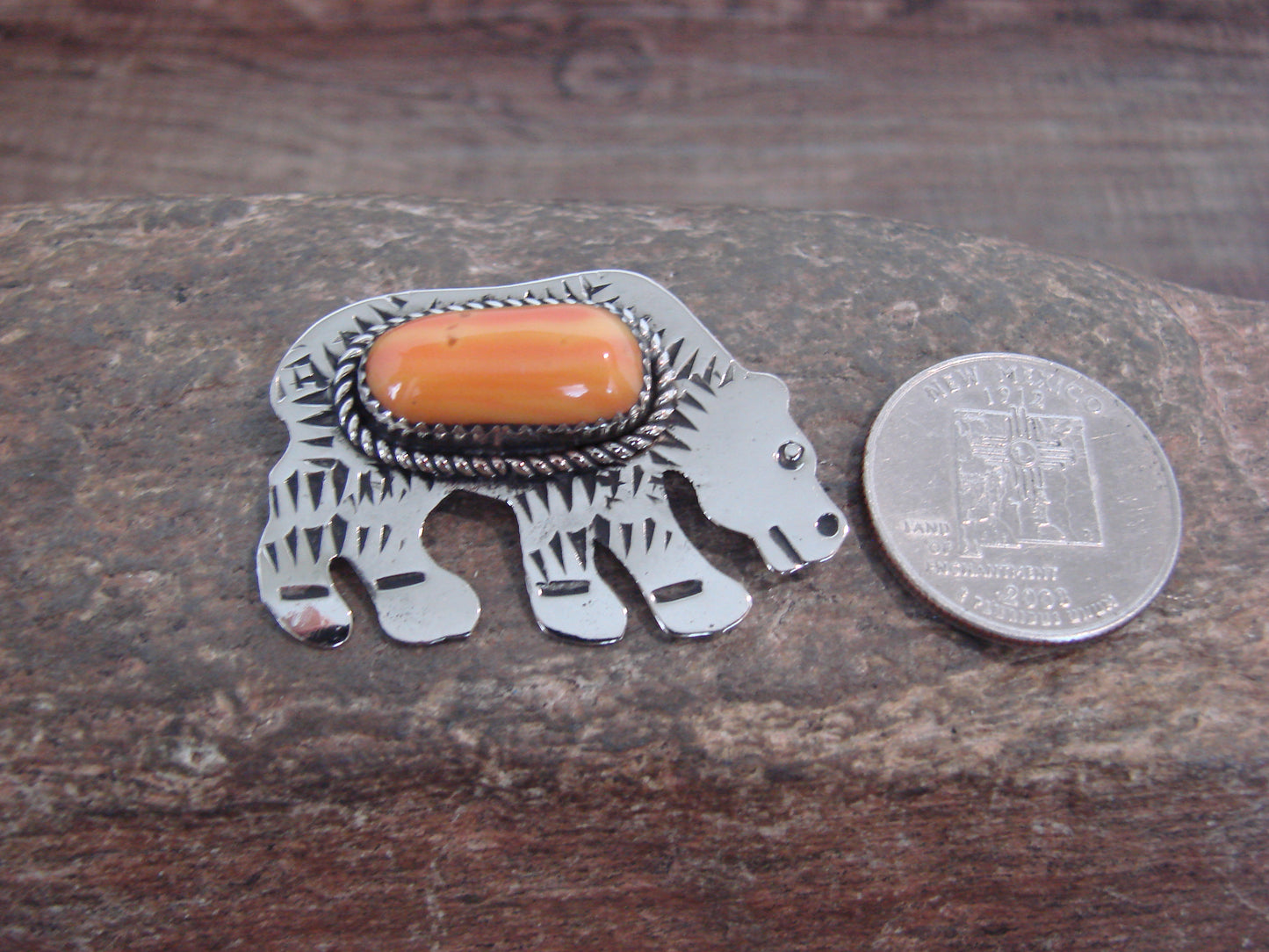 Native American Nickel Silver & Spiny Oyster Bear Pendant - Cleveland