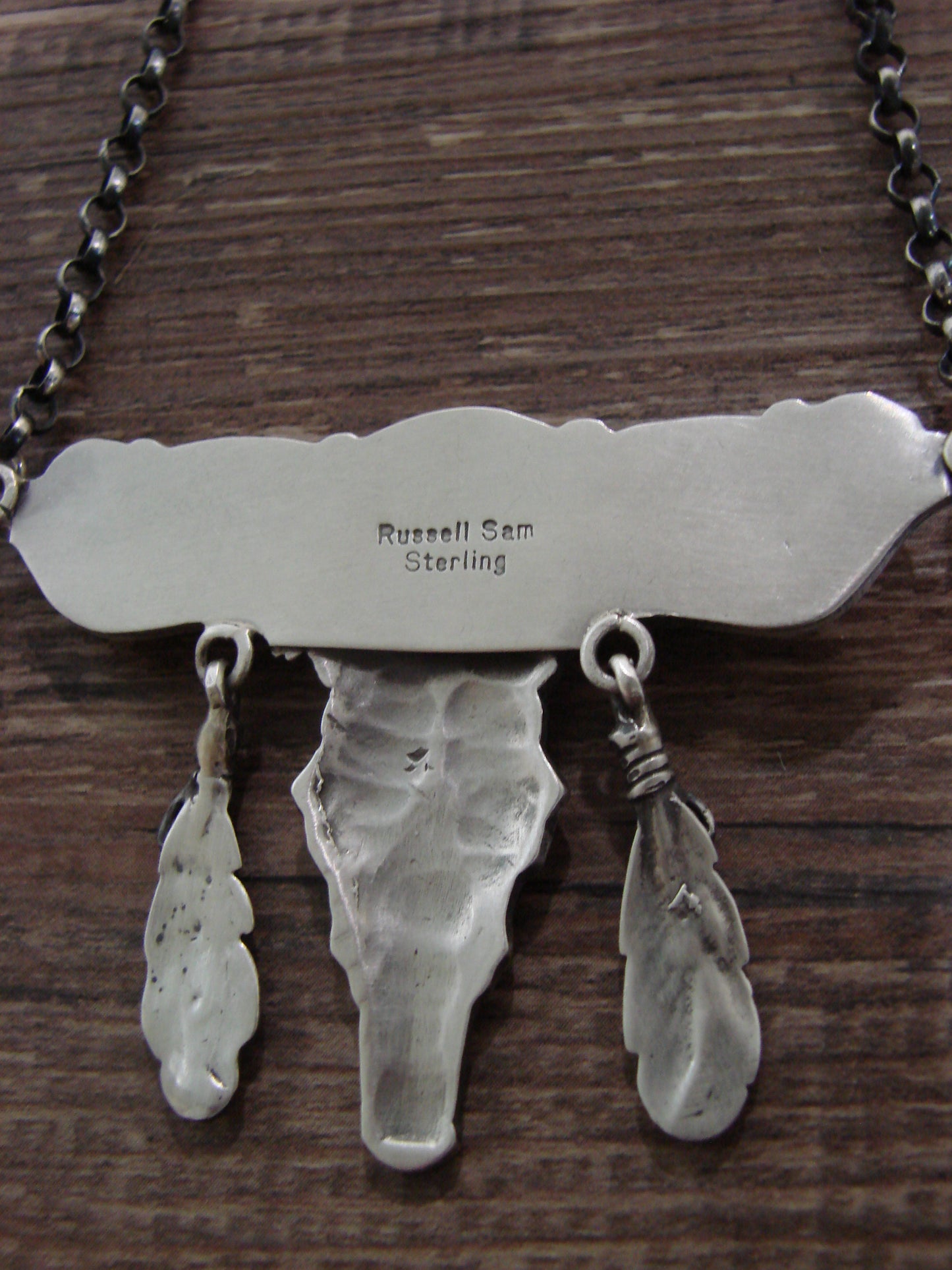 Native American Sterling Silver & Pink Conch Shell Long Horn Necklace Signed Sam