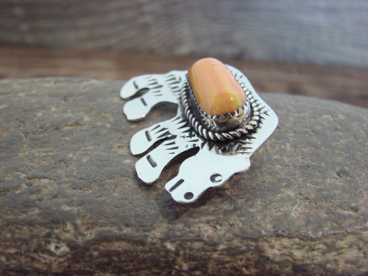 Native American Nickel Silver & Spiny Oyster Bear Pendant - Cleveland