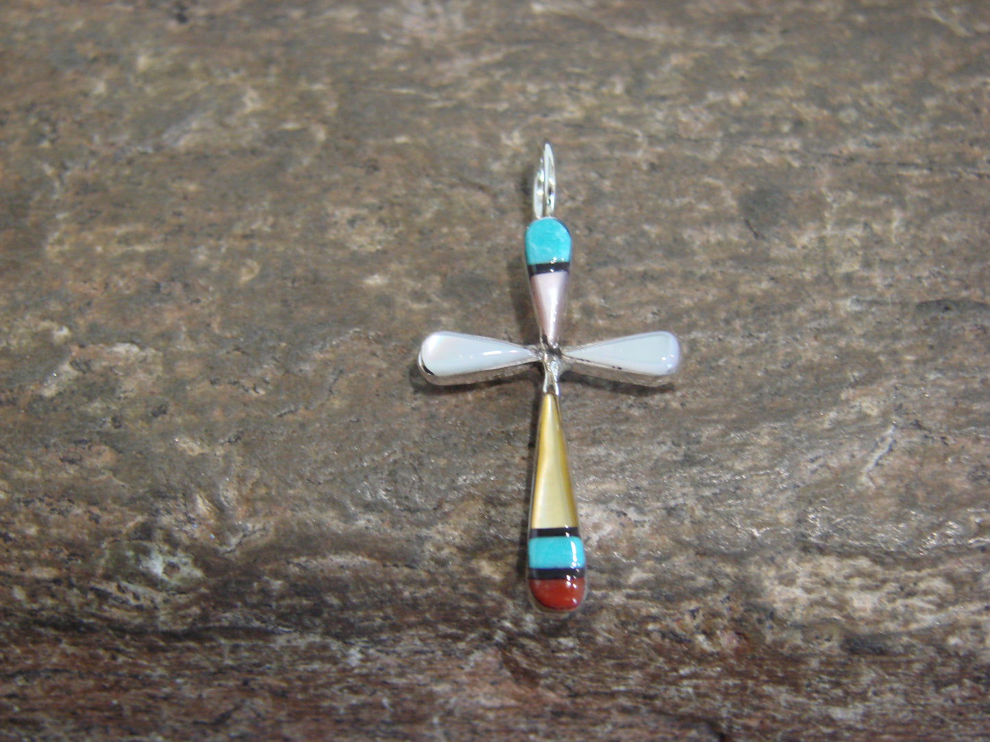 Native American Sterling Silver Multi Stone Inlay Cross Pendant by Noche