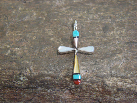 Native American Sterling Silver Multi Stone Inlay Cross Pendant by Noche
