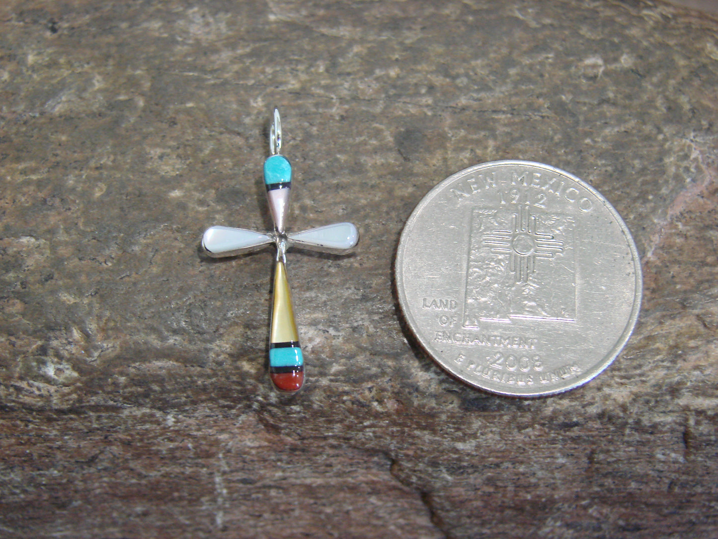 Native American Sterling Silver Multi Stone Inlay Cross Pendant by Noche