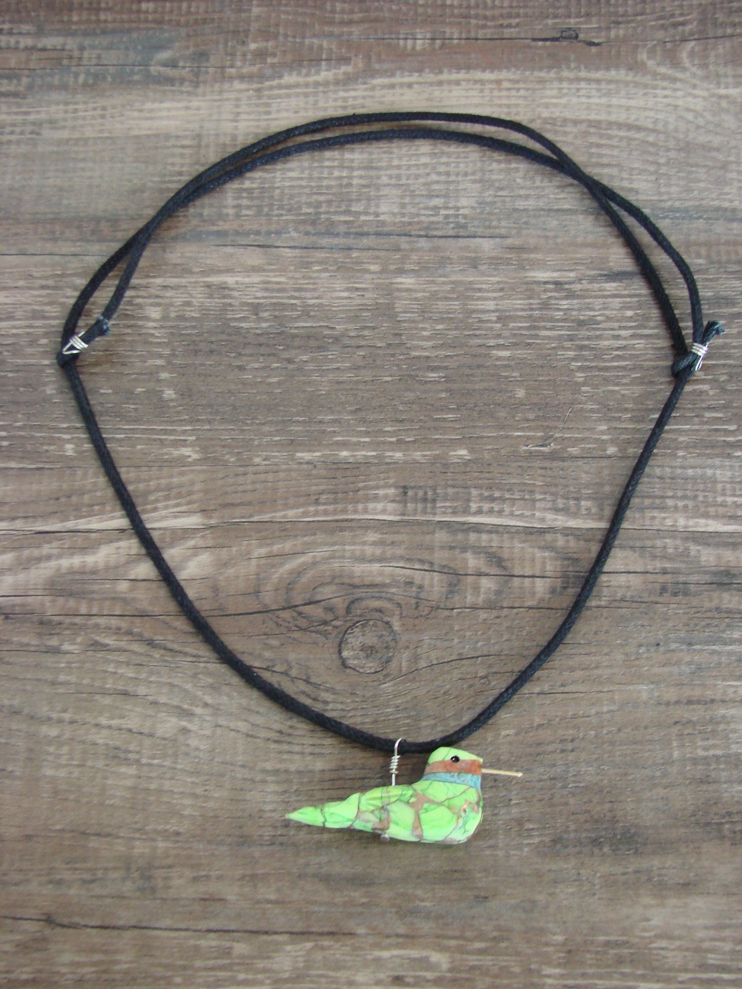 Hand Carved Bronze Gaspeite Aggregate Hummingbird Fetish Necklace - Mitchell