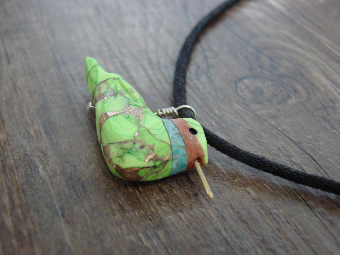 Hand Carved Bronze Gaspeite Aggregate Hummingbird Fetish Necklace - Mitchell