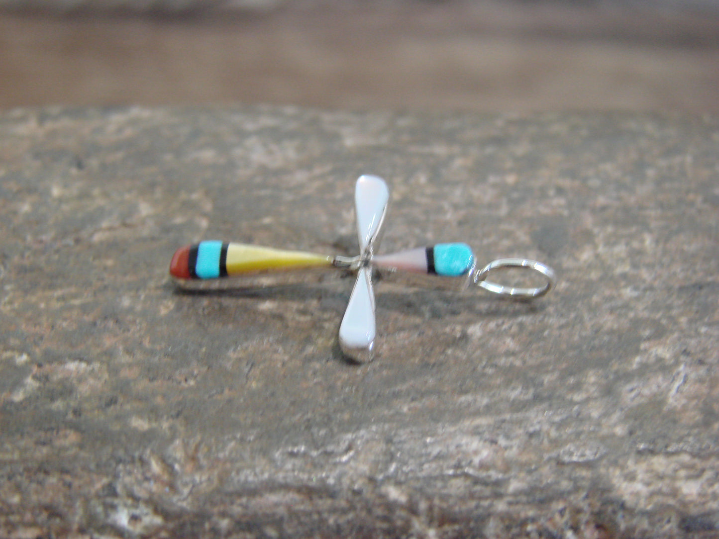 Native American Sterling Silver Multi Stone Inlay Cross Pendant by Noche