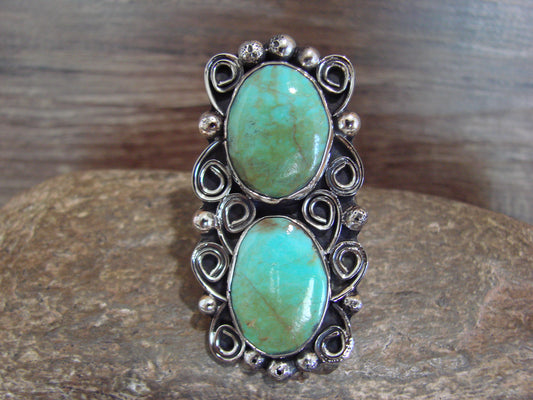 Native American Nickel Silver & Turquoise Adjustable Ring by Cleveland - Size 8 - 10