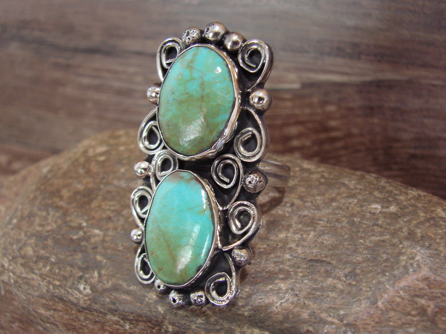 Native American Nickel Silver & Turquoise Adjustable Ring by Cleveland - Size 8 - 10
