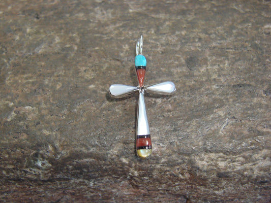 Native American Sterling Silver Multi Stone Inlay Cross Pendant by Noche