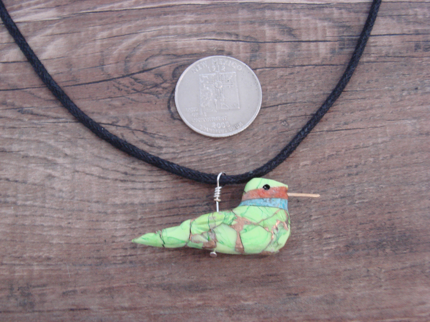 Hand Carved Bronze Gaspeite Aggregate Hummingbird Fetish Necklace - Mitchell