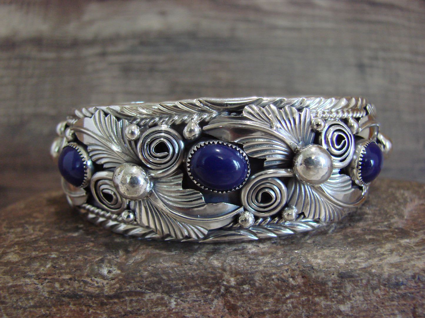 Native American Sterling Silver & Lapis Row Feather Bracelet Signed H