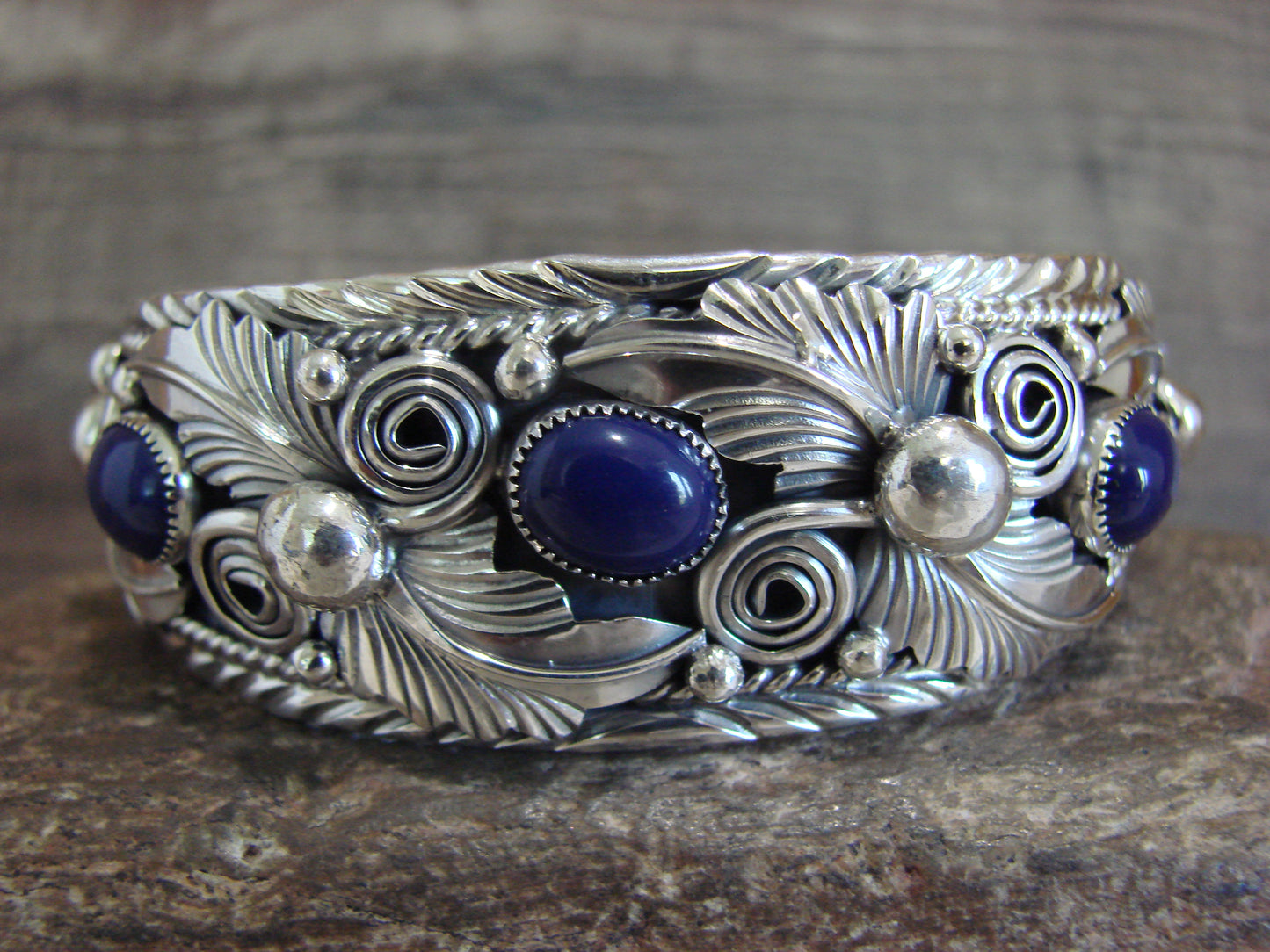 Native American Sterling Silver & Lapis Row Feather Bracelet Signed H