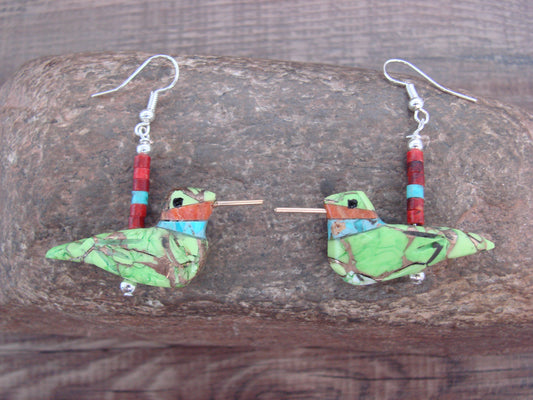 Hand Carved Bronze Infused Gaspeite Hummingbird Fetish Earrings - Mitchell