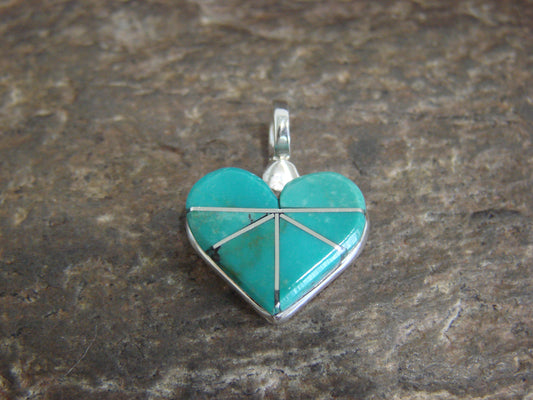 Native American Sterling Silver & Turquoise Inlay Heart Pendant by Shebola