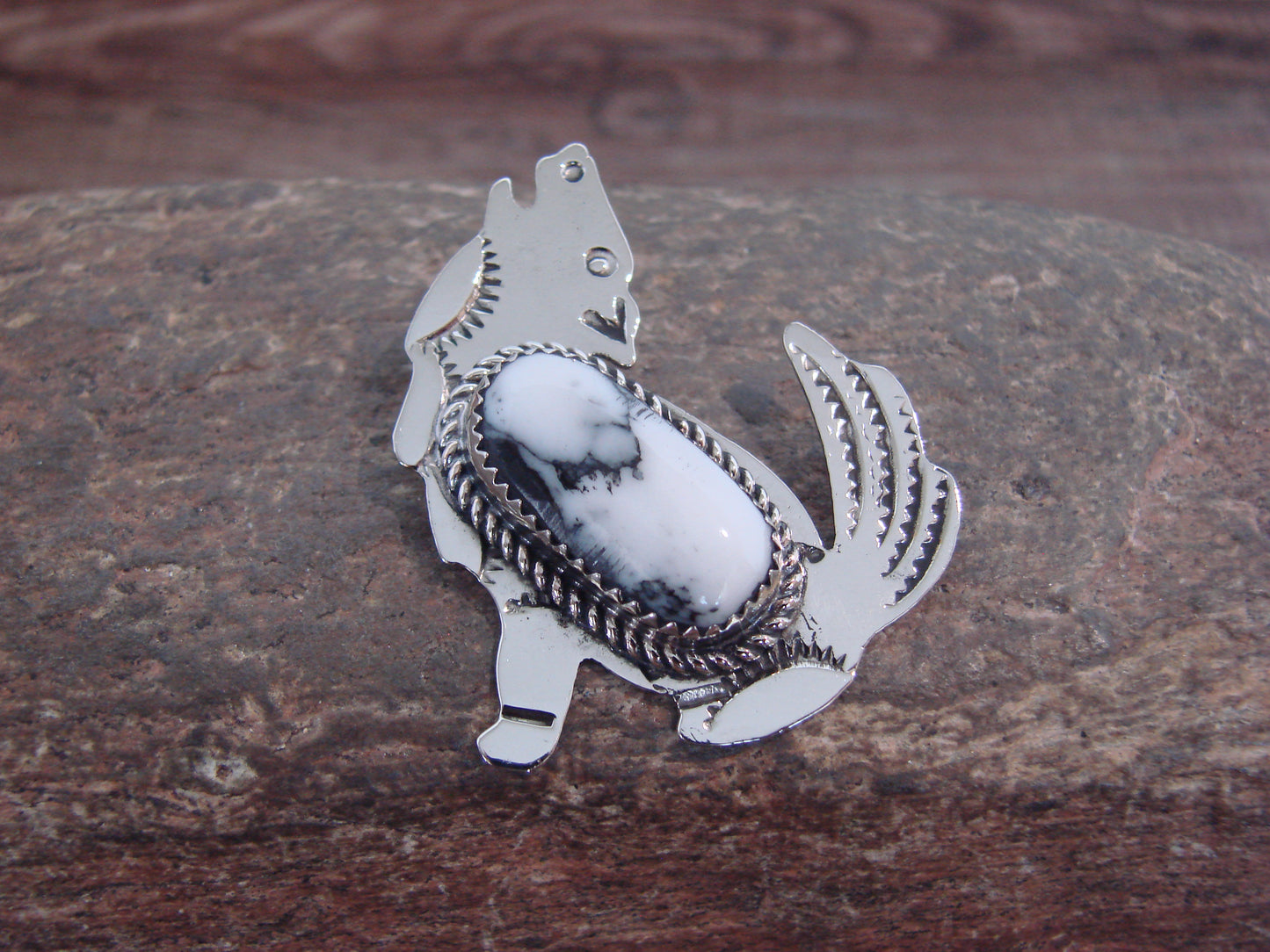 Native American Nickel Silver & Howlite Coyote Pendant - Cleveland