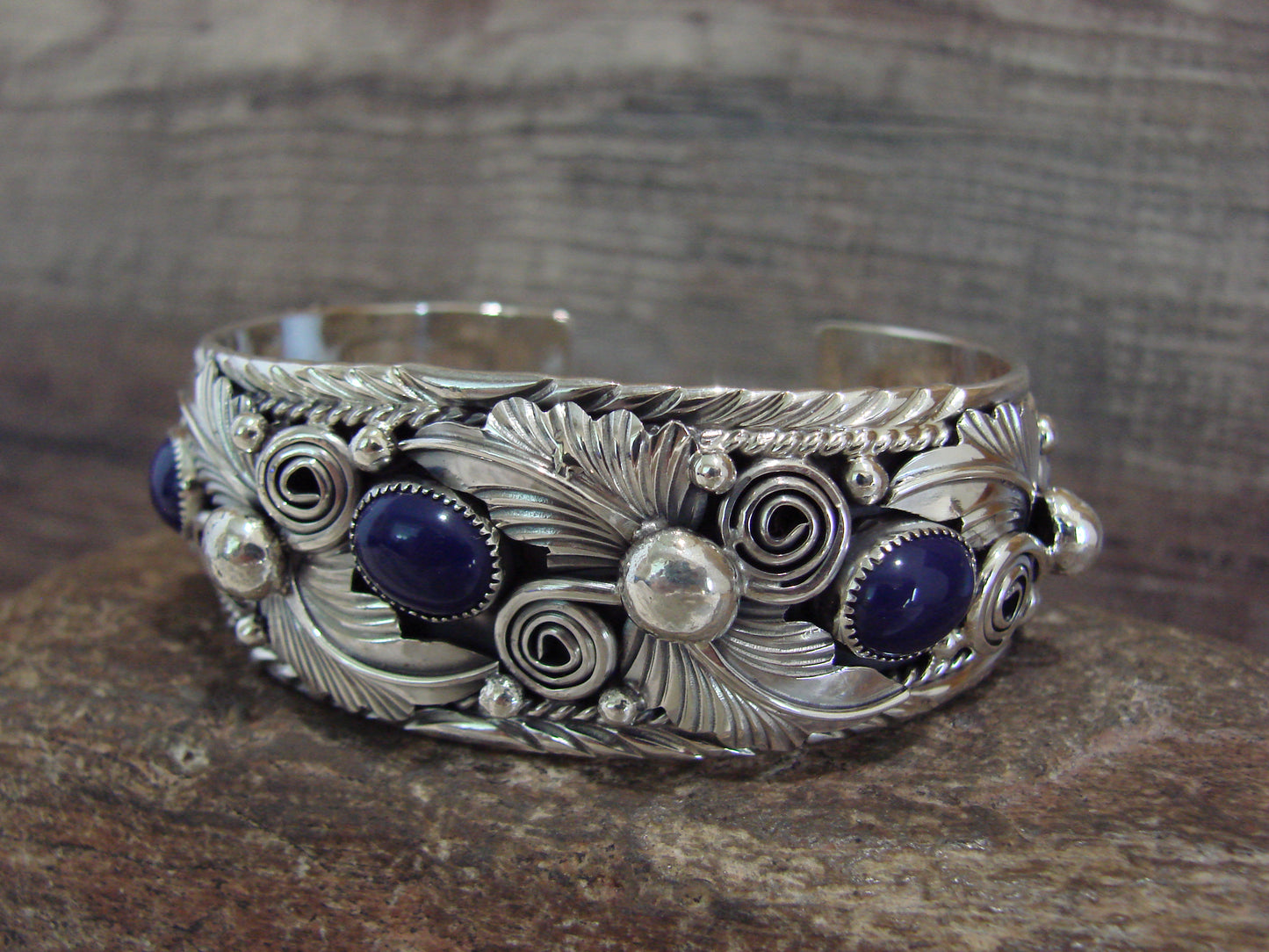 Native American Sterling Silver & Lapis Row Feather Bracelet Signed H