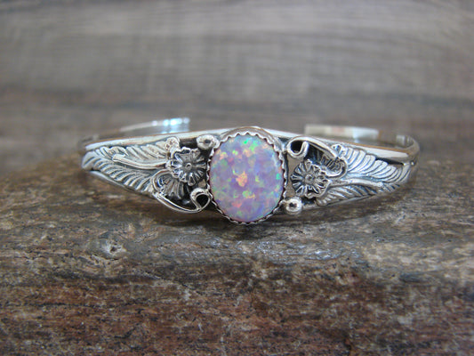 Native American Sterling Silver & Pink Opal Floral Bracelet - Saunders