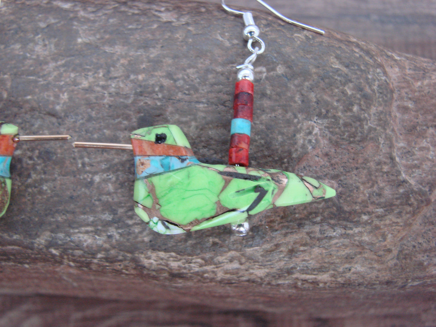Hand Carved Bronze Infused Gaspeite Hummingbird Fetish Earrings - Mitchell