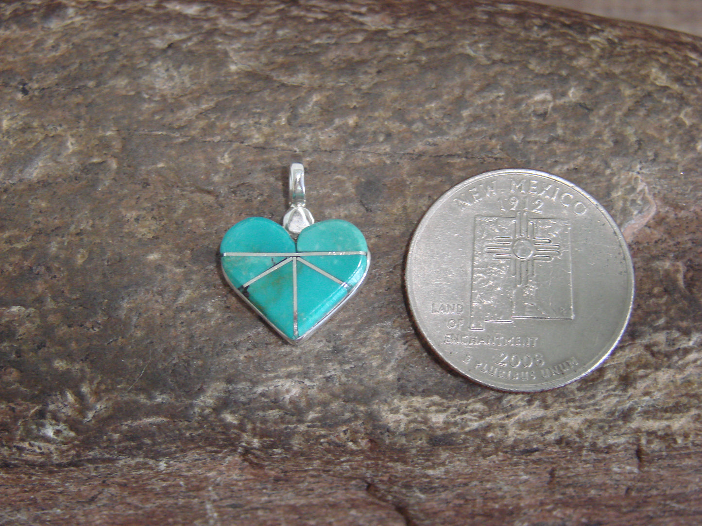 Native American Sterling Silver & Turquoise Inlay Heart Pendant by Shebola