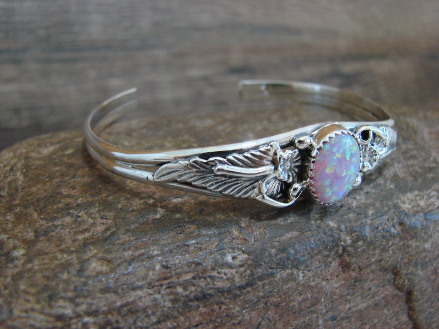 Native American Sterling Silver & Pink Opal Floral Bracelet - Saunders