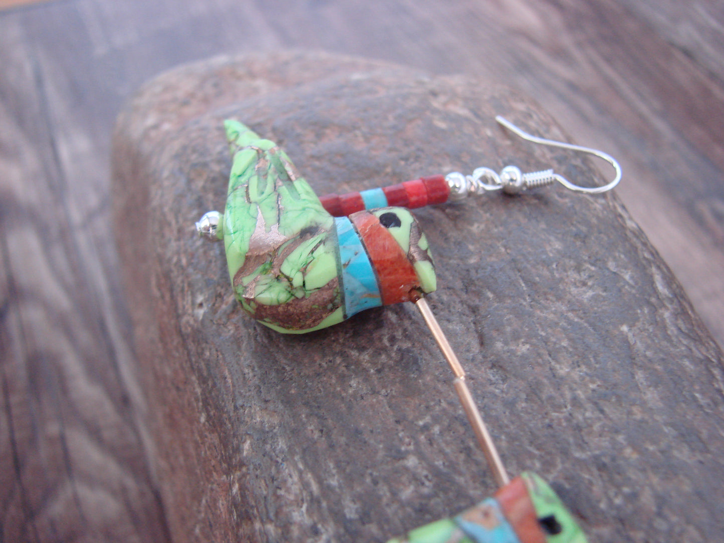 Hand Carved Bronze Infused Gaspeite Hummingbird Fetish Earrings - Mitchell