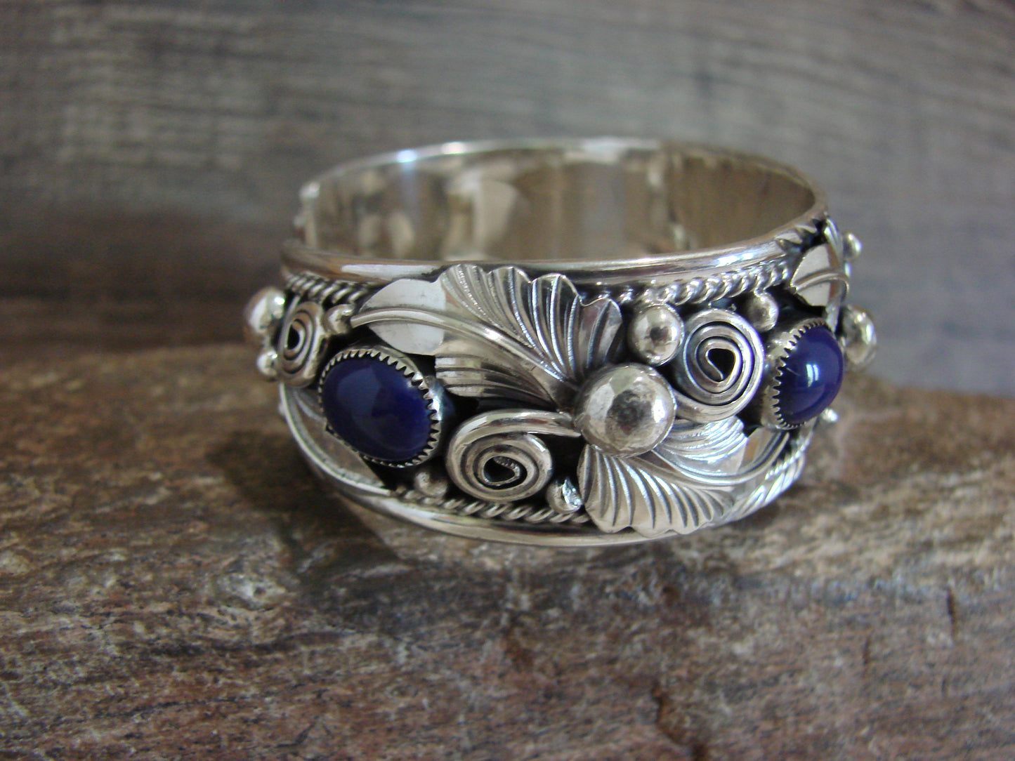 Native American Sterling Silver & Lapis Row Feather Bracelet Signed H