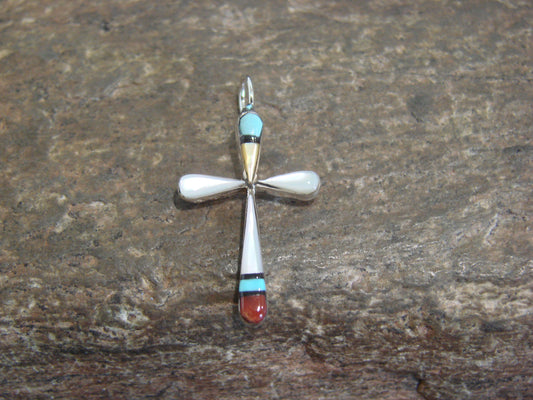 Native American Sterling Silver Multi Stone Inlay Cross Pendant by Noche