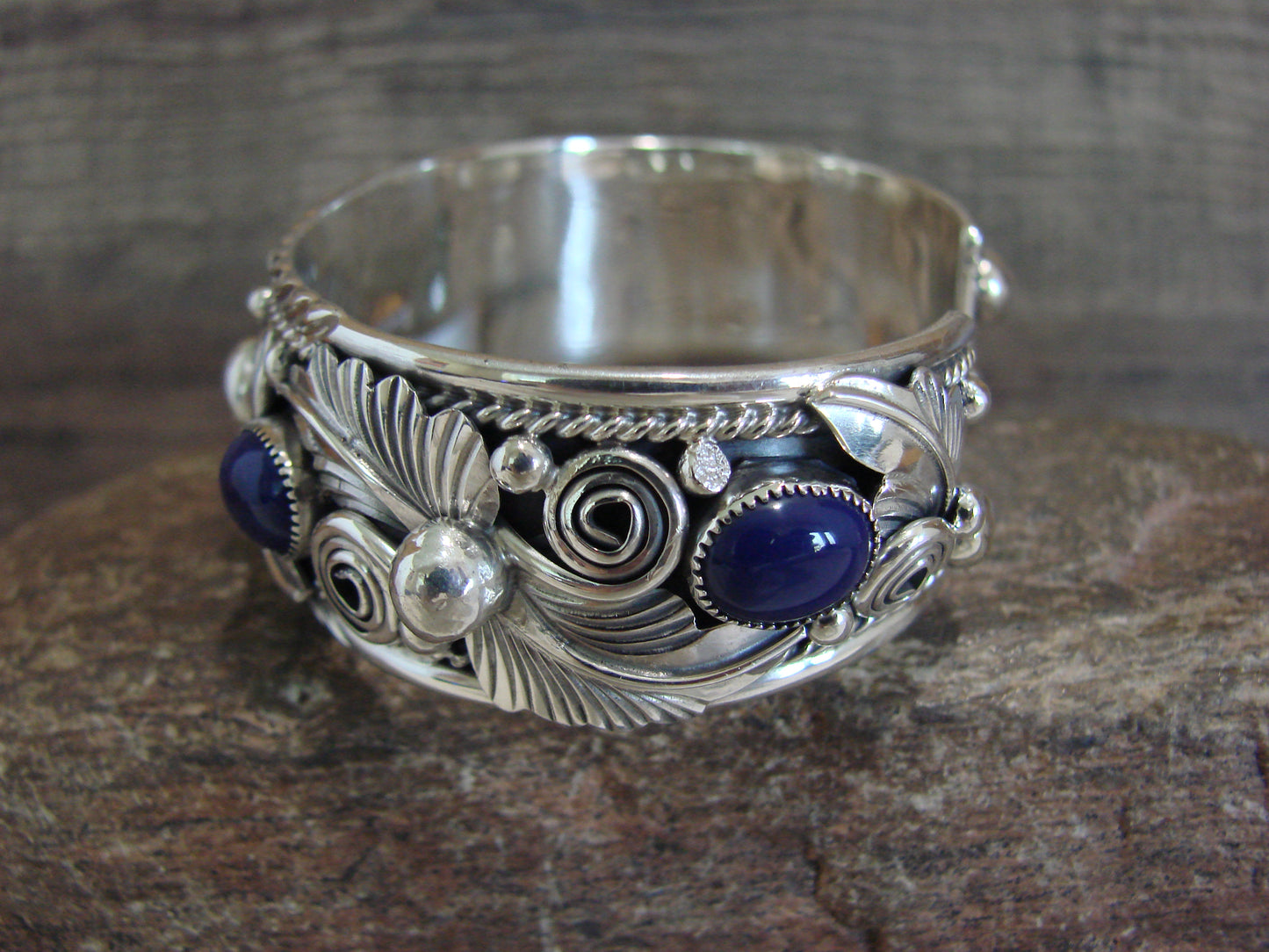 Native American Sterling Silver & Lapis Row Feather Bracelet Signed H