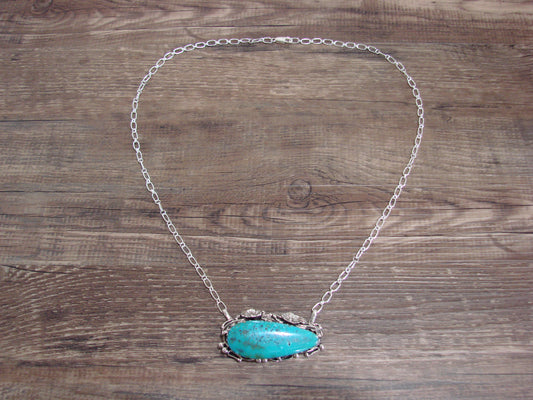 Native American 22" Sterling Silver & Turquoise Floral Link Necklace by Bahe