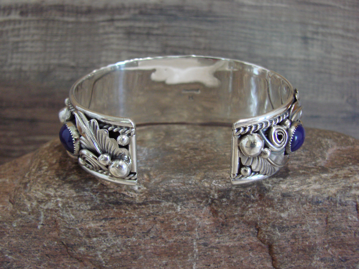 Native American Sterling Silver & Lapis Row Feather Bracelet Signed H