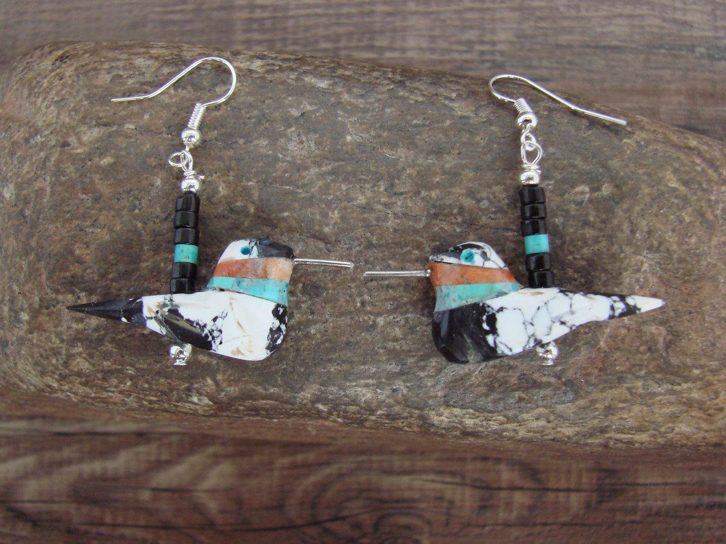 Hand Carved White Buffalo Turquoise Hummingbird Fetish Earrings by Mitchell