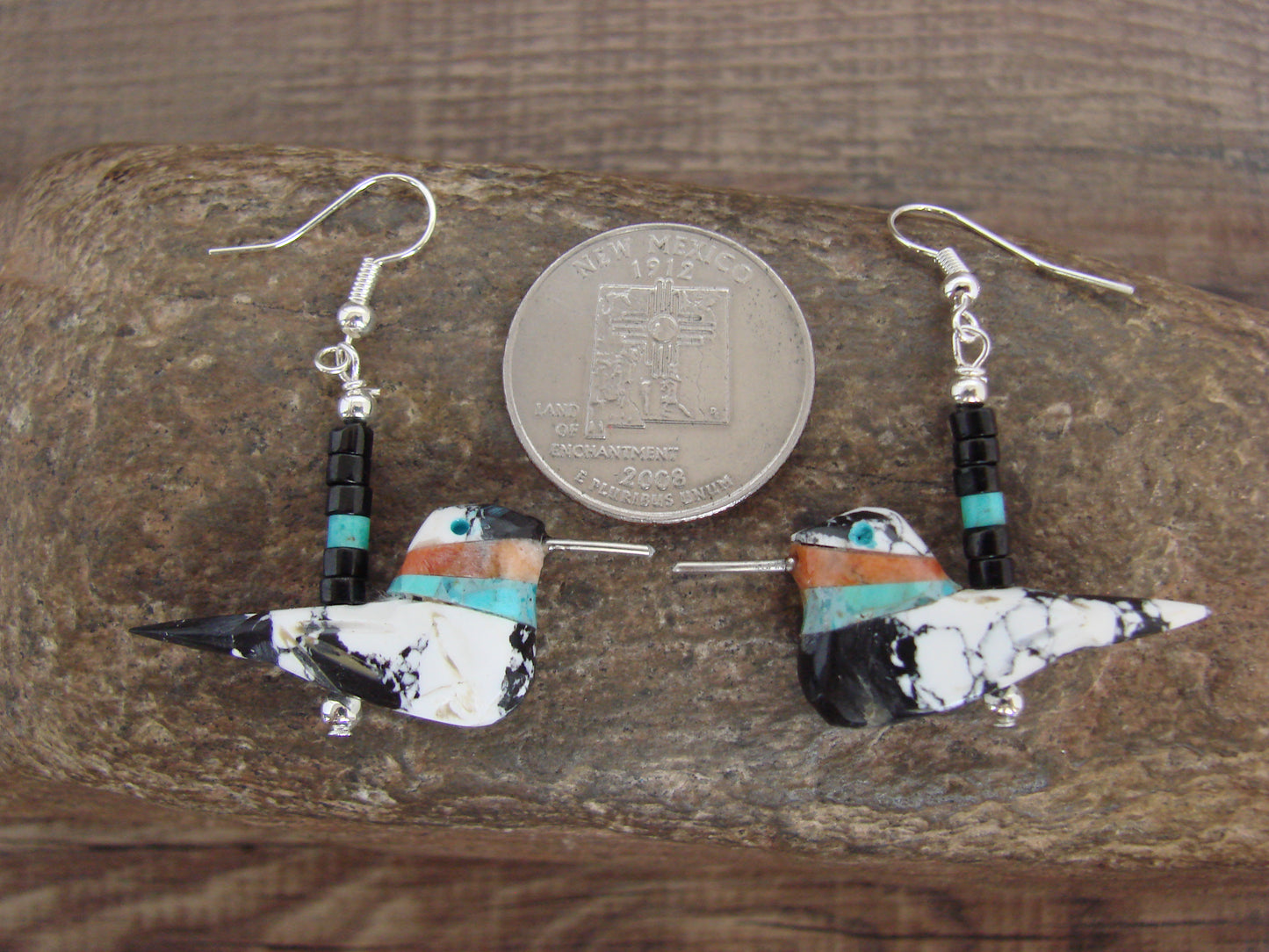 Hand Carved White Buffalo Turquoise Hummingbird Fetish Earrings by Mitchell