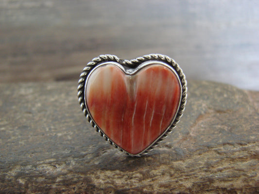 Adjustable Native American Sterling Silver & Spiny Oyster Heart Ring by Enditto