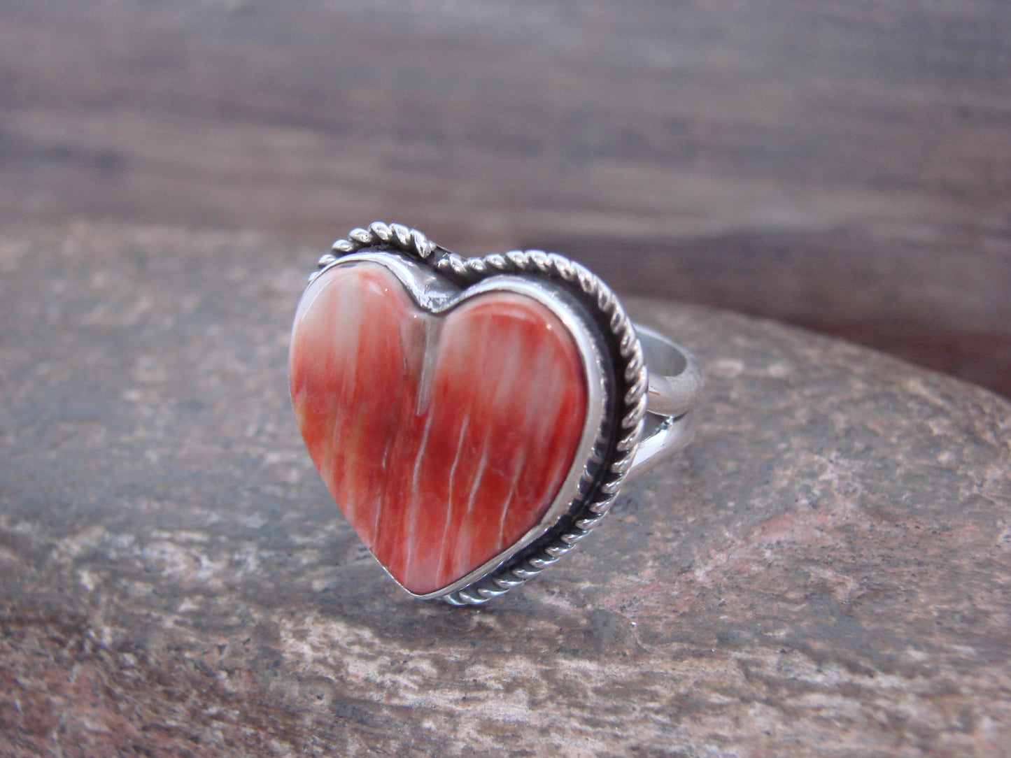 Adjustable Native American Sterling Silver & Spiny Oyster Heart Ring by Enditto