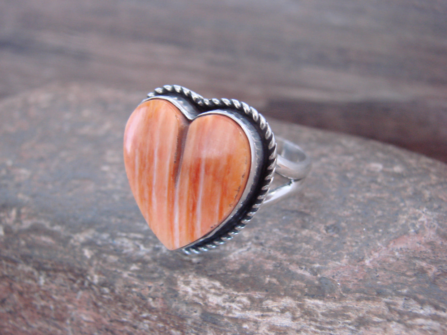 Adjustable Native American Sterling Silver & Spiny Oyster Heart Ring by Enditto